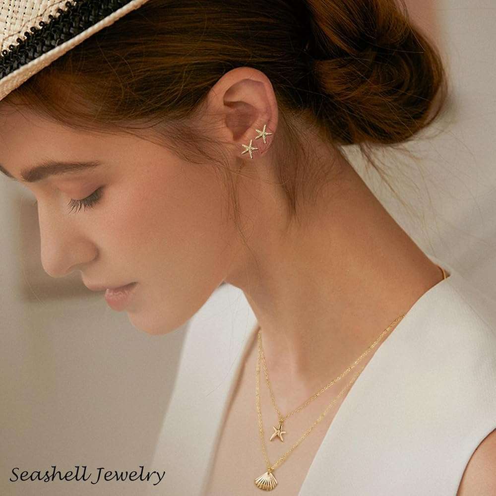 FIRSAUKI Seashell Starfish Jewelry Set for Women Sea shell Charm Necklace Summer Beach Bracelets Ocean Earrings Rings Nautical Anklet Set for Seaside Vacation - Image 2