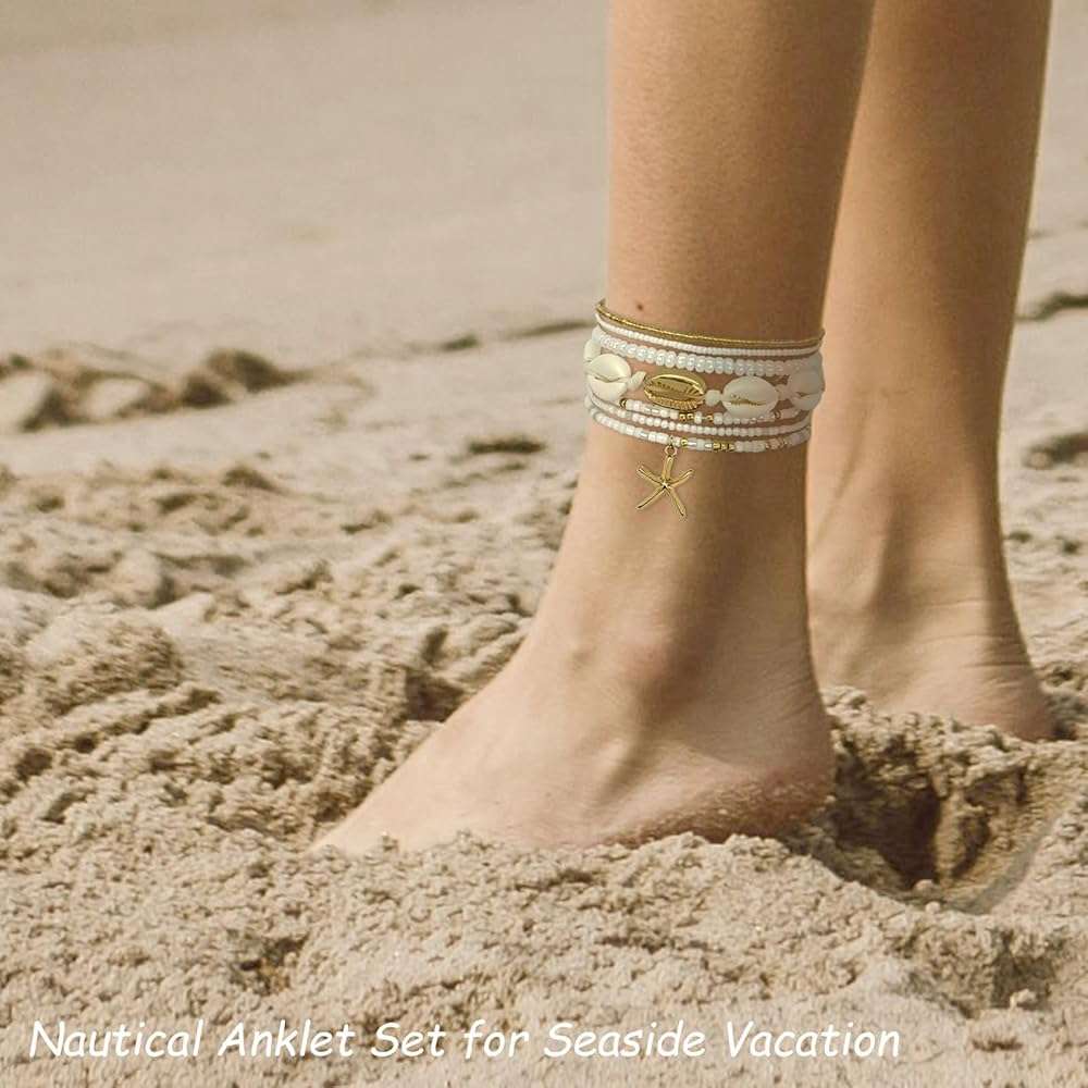 FIRSAUKI Seashell Starfish Jewelry Set for Women Sea shell Charm Necklace Summer Beach Bracelets Ocean Earrings Rings Nautical Anklet Set for Seaside Vacation - Image 4
