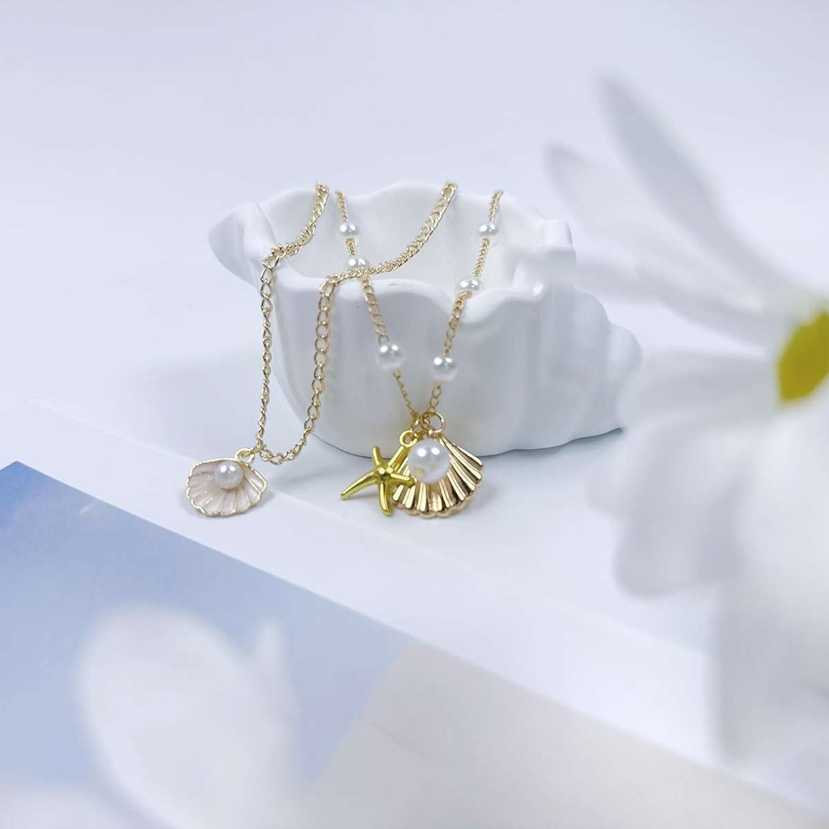 FIRSAUKI Seashell Starfish Jewelry Set for Women Sea shell Charm Necklace Summer Beach Bracelets Ocean Earrings Rings Nautical Anklet Set for Seaside Vacation - Image 5
