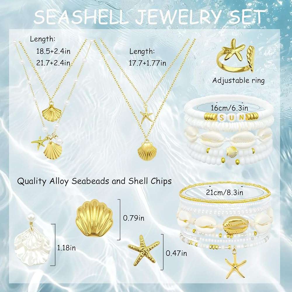 FIRSAUKI Seashell Starfish Jewelry Set for Women Sea shell Charm Necklace Summer Beach Bracelets Ocean Earrings Rings Nautical Anklet Set for Seaside Vacation - Image 6