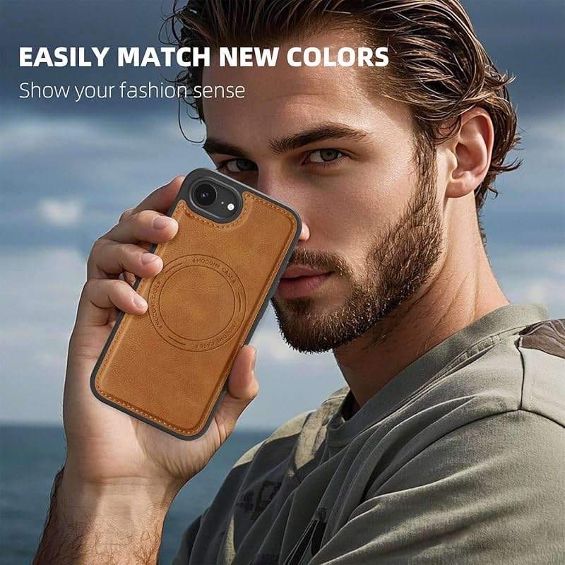 Newhalper Shockproof Case Designed for iPhone 17E/iPhone 16E 6.1 inch Premium PU Leather Magnetic Rugged Compatible with MagSafe Slim Phone Cover for iPhone 17E/16E (Brown) - Image 2