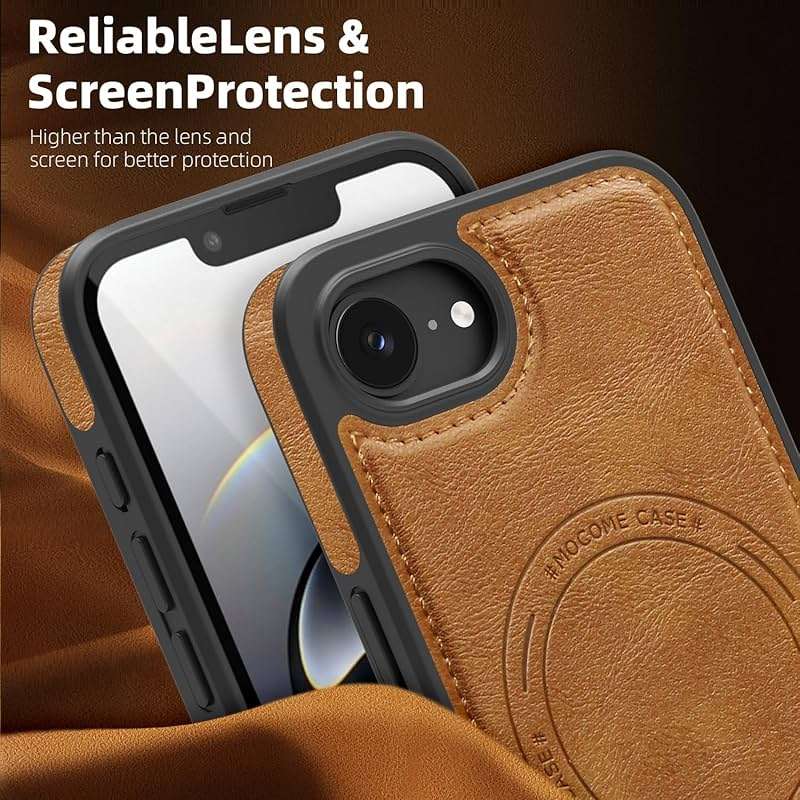 Newhalper Shockproof Case Designed for iPhone 17E/iPhone 16E 6.1 inch Premium PU Leather Magnetic Rugged Compatible with MagSafe Slim Phone Cover for iPhone 17E/16E (Brown) - Image 4
