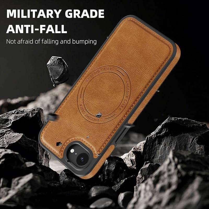 Newhalper Shockproof Case Designed for iPhone 17E/iPhone 16E 6.1 inch Premium PU Leather Magnetic Rugged Compatible with MagSafe Slim Phone Cover for iPhone 17E/16E (Brown) - Image 5