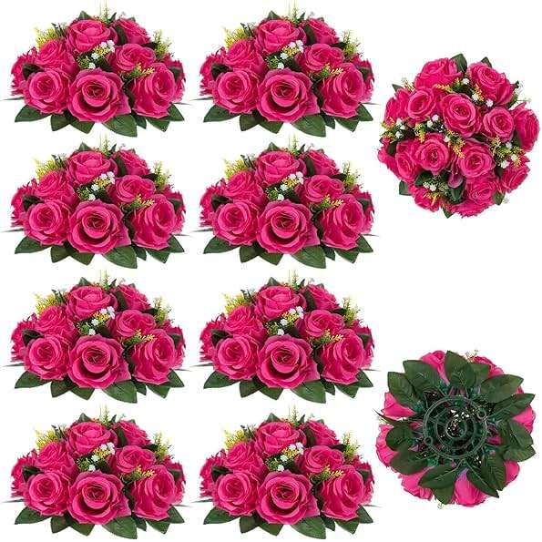 BLOSMON Hot Pink Flowers for Wedding: 10 Pcs Artificial Rose Balls for Table Decorations - Fake Silk Kissing Bouquet Floral Arrangement for Home Party Event Decoration - Image 1
