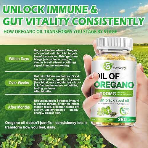 BEWORD Oil of Oregano with Black Seed Oil, 280 Softgels, 9000mg Per Serving – 2-in-1 Oregano Supplement for Immune Health with High Carvacrol & Thymoquinone | Plant-Based, Non-GMO - Image 5