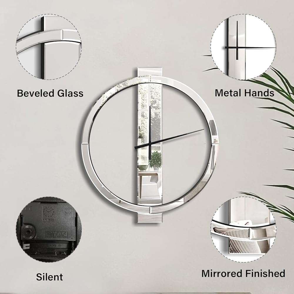 Jesmaikor Decorative Wall Clocks, 24 Inch Modern Large Mirror Clock, Battery-Operated, Completely Silent, for Living Room,Bedroom and Kitchen Decor - Image 4