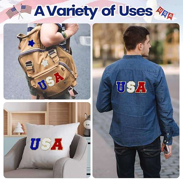 Lyrow 48 Pcs USA Iron on Patches 4th of July Patriotic Patch for Clothes Red White Blue Glitter Letter Star Chenille Embroidered Appliques for Independence Day 250th Cloth Hat Shirt Bags DIY, 2 Size - Image 6