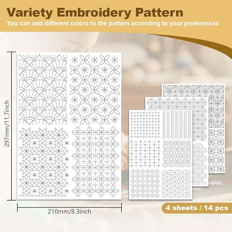 DOODLREAM 14Pcs Geometric Texture Water Soluble Hand Sewing Stabilizers, 8.3"x11.7" Modern Geometric Sashiko Embroidery Pattern Stabilizer, 4 Sheets Mending Stick and Stitch Embroidery Paper Sticker - Image 3