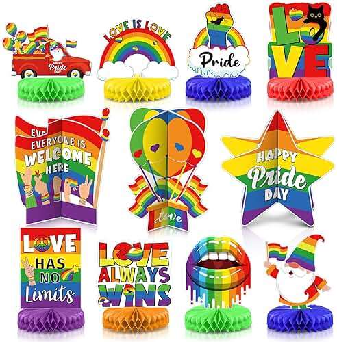 Pasimy 11 Pcs Pride Decorations 3D Rainbow Honeycomb Table Centerpiece Gay Pride Month Party Decorations Love Is Love Tabletop Toppers Rainbow Sign Decor for Office Classroom Home Lgbtq Party Supplies - Image 1