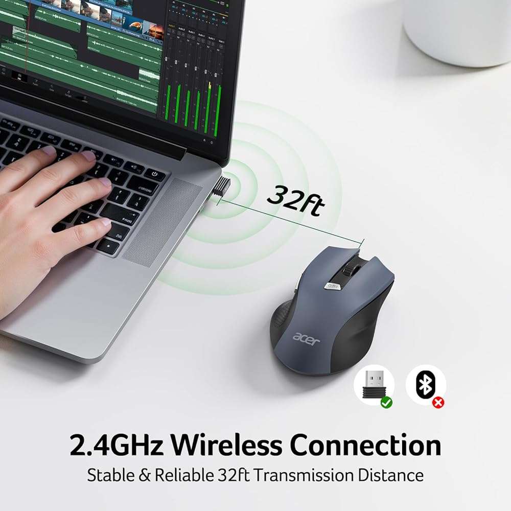 acer Wireless Mouse for Laptop, 2.4GHz Computer Mouse 3 Adjustable DPI Office Cordless USB Mice with USBA Receiver, 6 Buttons, 1600 DPI, Medium to Large Sized Hands Compatible with PC, Laptop, Desktop - Image 2