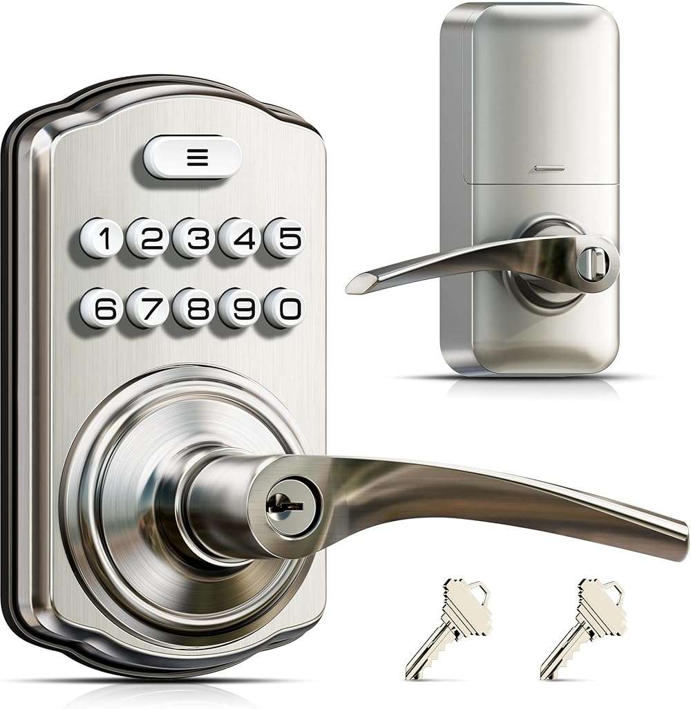 Veise Keypad Door Lock with Handle, Keyless Entry for Front Door & Bedroom, Electronic Lock with Code, Auto-Locking, Easy Installation, Passage Mode, Satin Nickel - Image 1