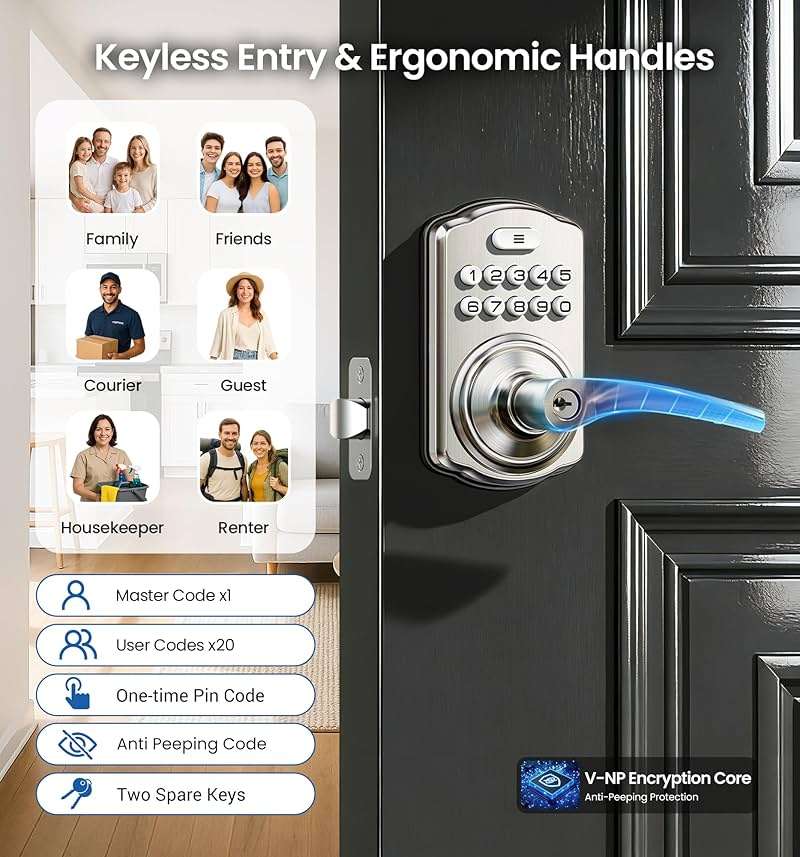 Veise Keypad Door Lock with Handle, Keyless Entry for Front Door & Bedroom, Electronic Lock with Code, Auto-Locking, Easy Installation, Passage Mode, Satin Nickel - Image 2