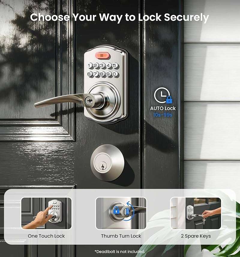 Veise Keypad Door Lock with Handle, Keyless Entry for Front Door & Bedroom, Electronic Lock with Code, Auto-Locking, Easy Installation, Passage Mode, Satin Nickel - Image 3