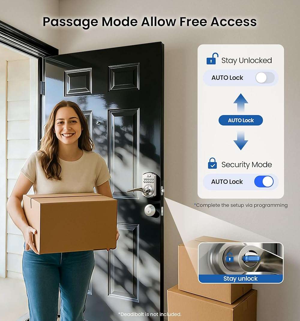 Veise Keypad Door Lock with Handle, Keyless Entry for Front Door & Bedroom, Electronic Lock with Code, Auto-Locking, Easy Installation, Passage Mode, Satin Nickel - Image 4