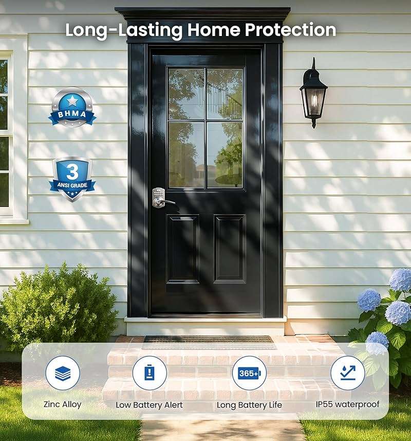 Veise Keypad Door Lock with Handle, Keyless Entry for Front Door & Bedroom, Electronic Lock with Code, Auto-Locking, Easy Installation, Passage Mode, Satin Nickel - Image 5