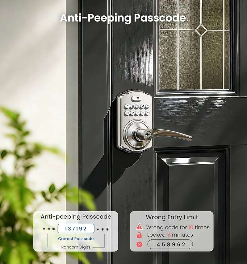 Veise Keypad Door Lock with Handle, Keyless Entry for Front Door & Bedroom, Electronic Lock with Code, Auto-Locking, Easy Installation, Passage Mode, Satin Nickel - Image 7