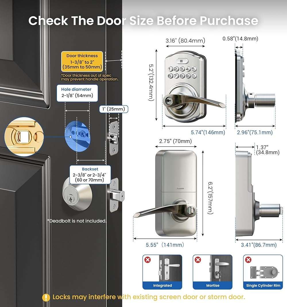 Veise Keypad Door Lock with Handle, Keyless Entry for Front Door & Bedroom, Electronic Lock with Code, Auto-Locking, Easy Installation, Passage Mode, Satin Nickel - Image 8