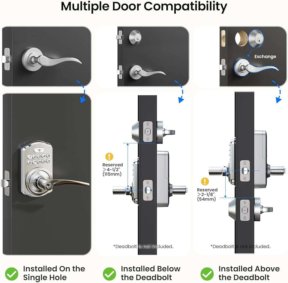 Veise Keypad Door Lock with Handle, Keyless Entry for Front Door & Bedroom, Electronic Lock with Code, Auto-Locking, Easy Installation, Passage Mode, Satin Nickel - Image 9