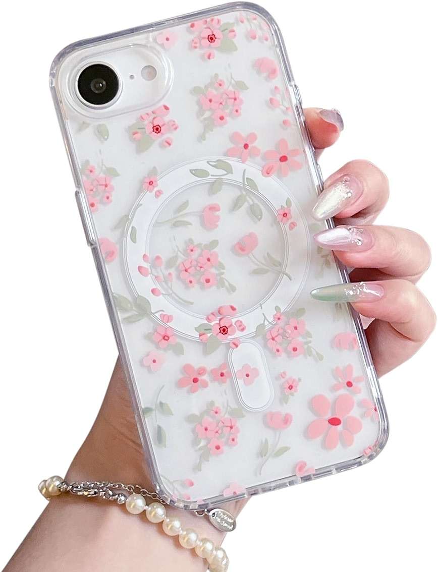QLTYPRI Magnetic for iPhone 17e / iPhone 16e Case Compatible with Magsafe, Cute Floral Flower Aesthetic Phone Case Slim Clear Anti-Yellowing Shockproof Phone Cover for Girls Women - Pink - Image 1