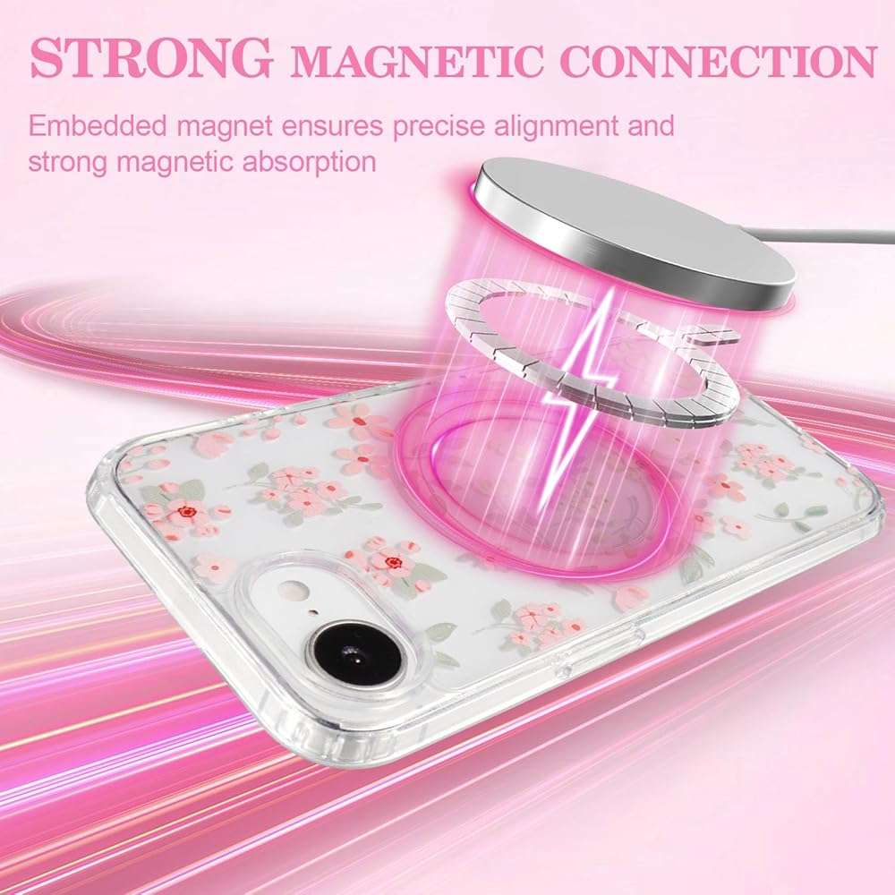 QLTYPRI Magnetic for iPhone 17e / iPhone 16e Case Compatible with Magsafe, Cute Floral Flower Aesthetic Phone Case Slim Clear Anti-Yellowing Shockproof Phone Cover for Girls Women - Pink - Image 2