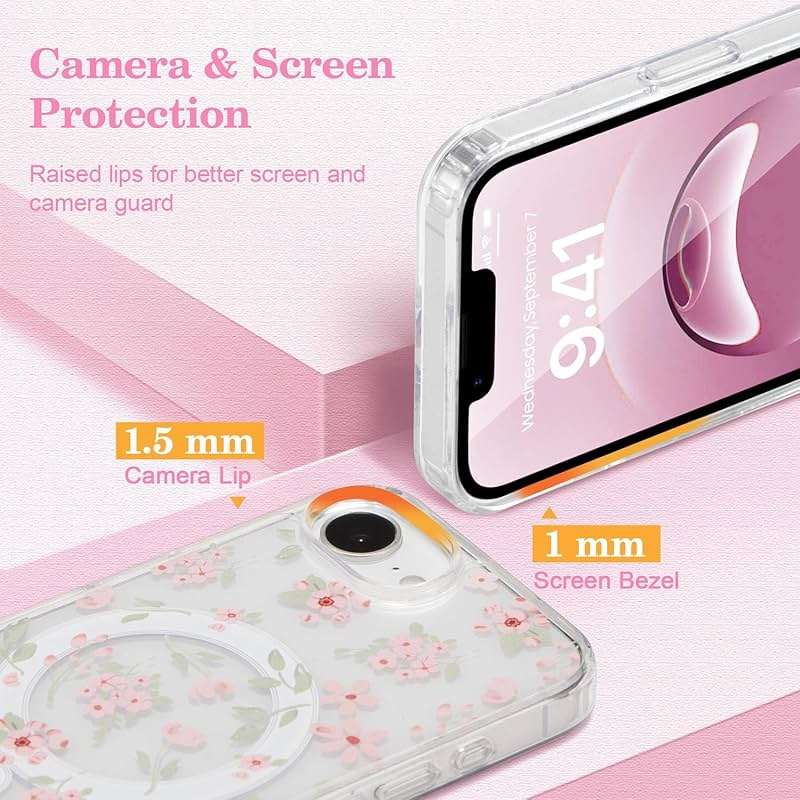 QLTYPRI Magnetic for iPhone 17e / iPhone 16e Case Compatible with Magsafe, Cute Floral Flower Aesthetic Phone Case Slim Clear Anti-Yellowing Shockproof Phone Cover for Girls Women - Pink - Image 3