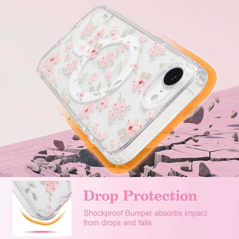 QLTYPRI Magnetic for iPhone 17e / iPhone 16e Case Compatible with Magsafe, Cute Floral Flower Aesthetic Phone Case Slim Clear Anti-Yellowing Shockproof Phone Cover for Girls Women - Pink - Image 4