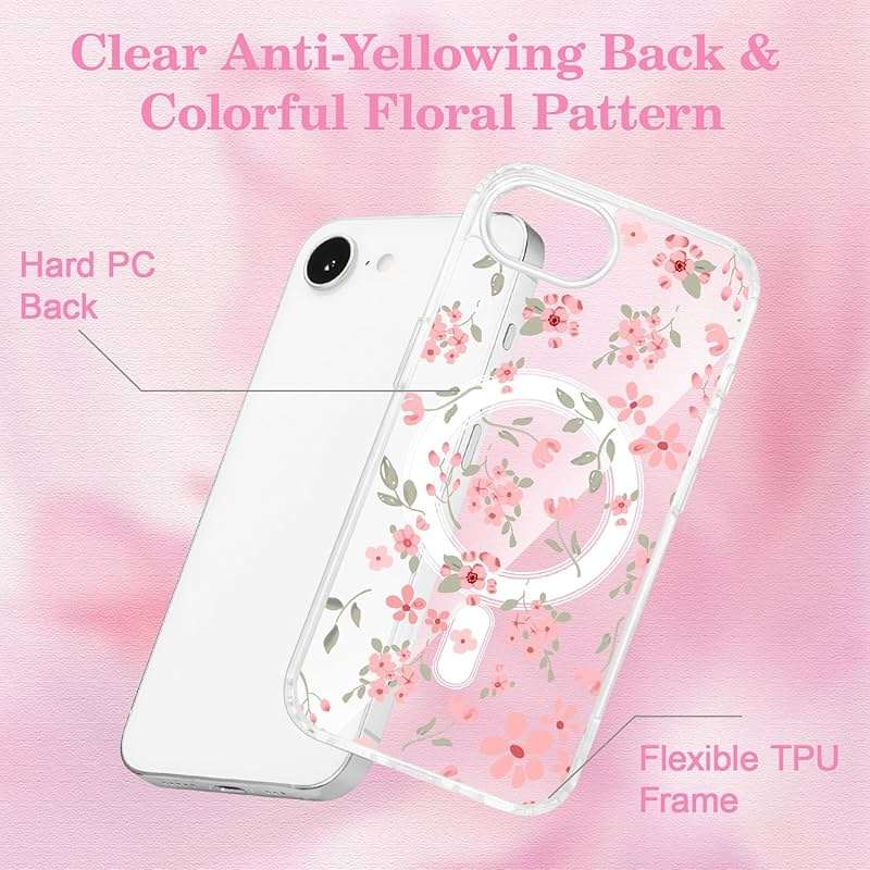 QLTYPRI Magnetic for iPhone 17e / iPhone 16e Case Compatible with Magsafe, Cute Floral Flower Aesthetic Phone Case Slim Clear Anti-Yellowing Shockproof Phone Cover for Girls Women - Pink - Image 5