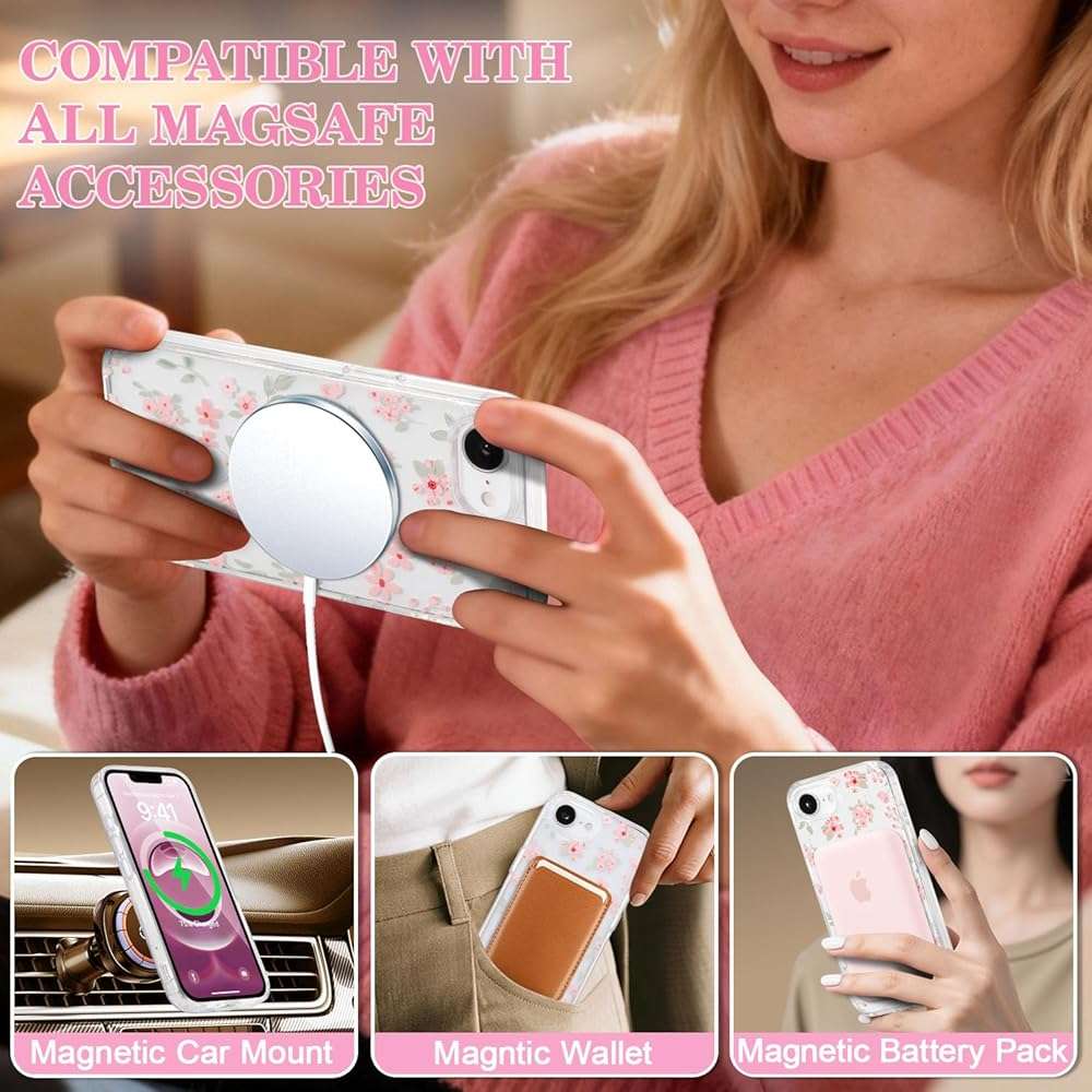 QLTYPRI Magnetic for iPhone 17e / iPhone 16e Case Compatible with Magsafe, Cute Floral Flower Aesthetic Phone Case Slim Clear Anti-Yellowing Shockproof Phone Cover for Girls Women - Pink - Image 6