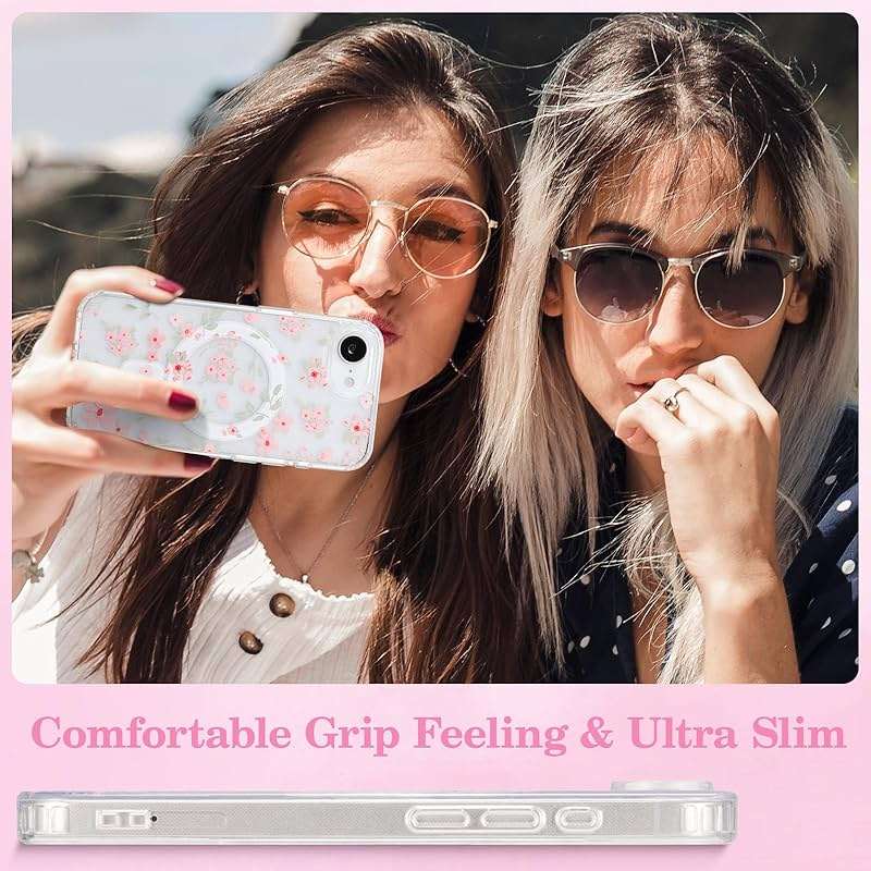 QLTYPRI Magnetic for iPhone 17e / iPhone 16e Case Compatible with Magsafe, Cute Floral Flower Aesthetic Phone Case Slim Clear Anti-Yellowing Shockproof Phone Cover for Girls Women - Pink - Image 7