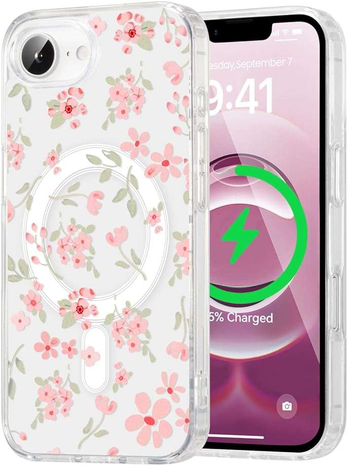 QLTYPRI Magnetic for iPhone 17e / iPhone 16e Case Compatible with Magsafe, Cute Floral Flower Aesthetic Phone Case Slim Clear Anti-Yellowing Shockproof Phone Cover for Girls Women - Pink - Image 9