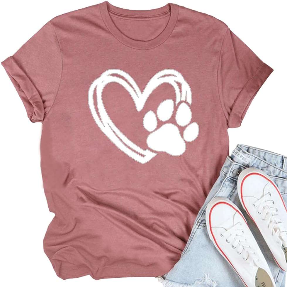 ZUNQKG Womens Heart Paw Shirt Crewneck Short Sleeve Summmer Tee Dog Mom Cute Graphic T-Shirts - Image 1
