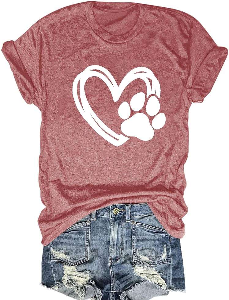 ZUNQKG Womens Heart Paw Shirt Crewneck Short Sleeve Summmer Tee Dog Mom Cute Graphic T-Shirts - Image 2