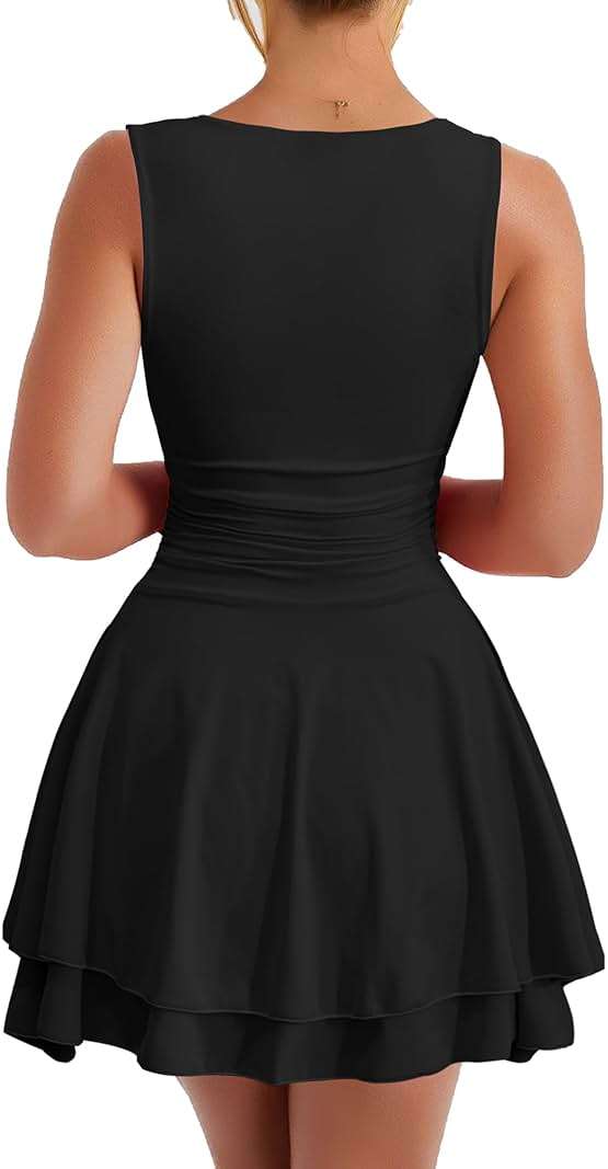 Kaximil Women's Ruffle Hem Boat Neck Mini Dress Sleeveless Ruched Corset Short Party Dresses - Image 2