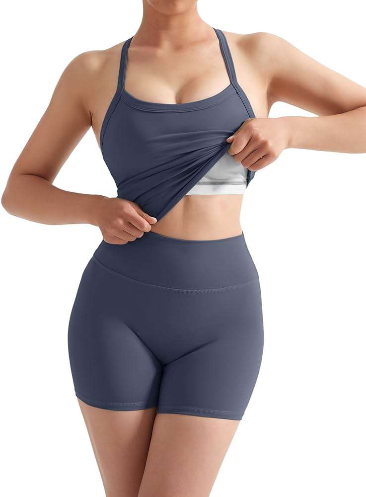 SUUKSESS Women 2 Piece Workout Sets High Waisted Tummy Control Biker Shorts Halter Padded Tank Tops - Image 3
