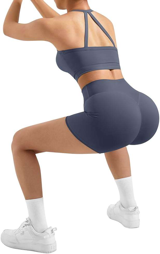 SUUKSESS Women 2 Piece Workout Sets High Waisted Tummy Control Biker Shorts Halter Padded Tank Tops - Image 4