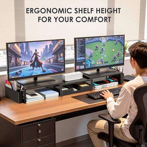 OPNICE Desk Organizers and Accessories, Dual Monitor Stand Riser with Drawer and 2 Pen Holders, Desk Shelf Metal Computer Racks for Office Workspace Organizers, Desktop Organization (Black Metal) - Image 2