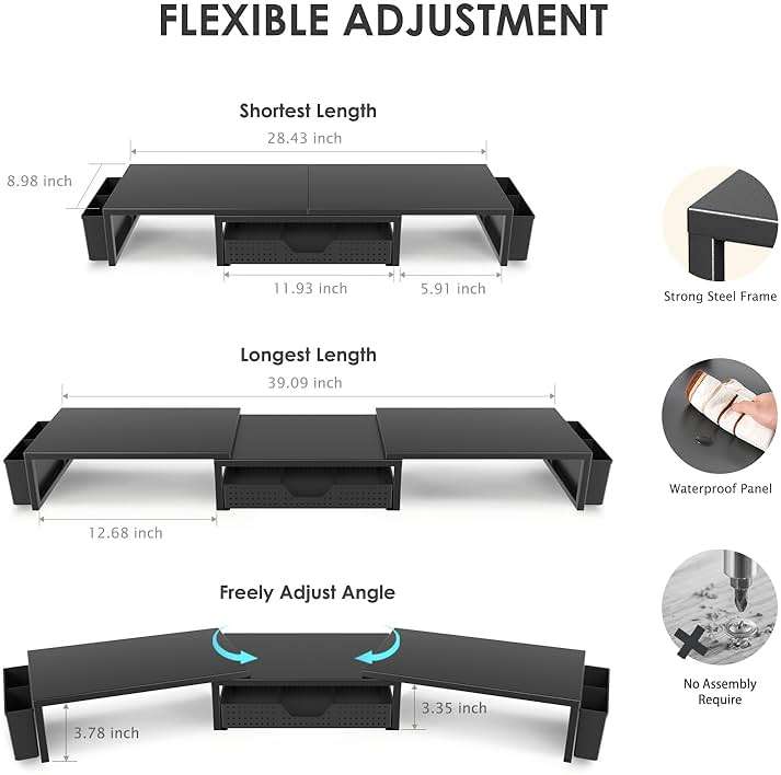 OPNICE Desk Organizers and Accessories, Dual Monitor Stand Riser with Drawer and 2 Pen Holders, Desk Shelf Metal Computer Racks for Office Workspace Organizers, Desktop Organization (Black Metal) - Image 3