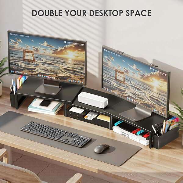 OPNICE Desk Organizers and Accessories, Dual Monitor Stand Riser with Drawer and 2 Pen Holders, Desk Shelf Metal Computer Racks for Office Workspace Organizers, Desktop Organization (Black Metal) - Image 4