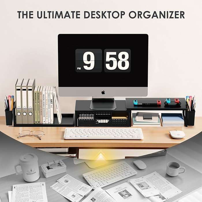 OPNICE Desk Organizers and Accessories, Dual Monitor Stand Riser with Drawer and 2 Pen Holders, Desk Shelf Metal Computer Racks for Office Workspace Organizers, Desktop Organization (Black Metal) - Image 5