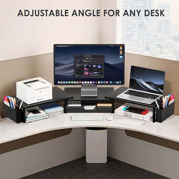 OPNICE Desk Organizers and Accessories, Dual Monitor Stand Riser with Drawer and 2 Pen Holders, Desk Shelf Metal Computer Racks for Office Workspace Organizers, Desktop Organization (Black Metal) - Image 6