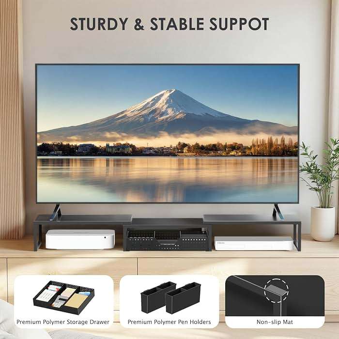 OPNICE Desk Organizers and Accessories, Dual Monitor Stand Riser with Drawer and 2 Pen Holders, Desk Shelf Metal Computer Racks for Office Workspace Organizers, Desktop Organization (Black Metal) - Image 7
