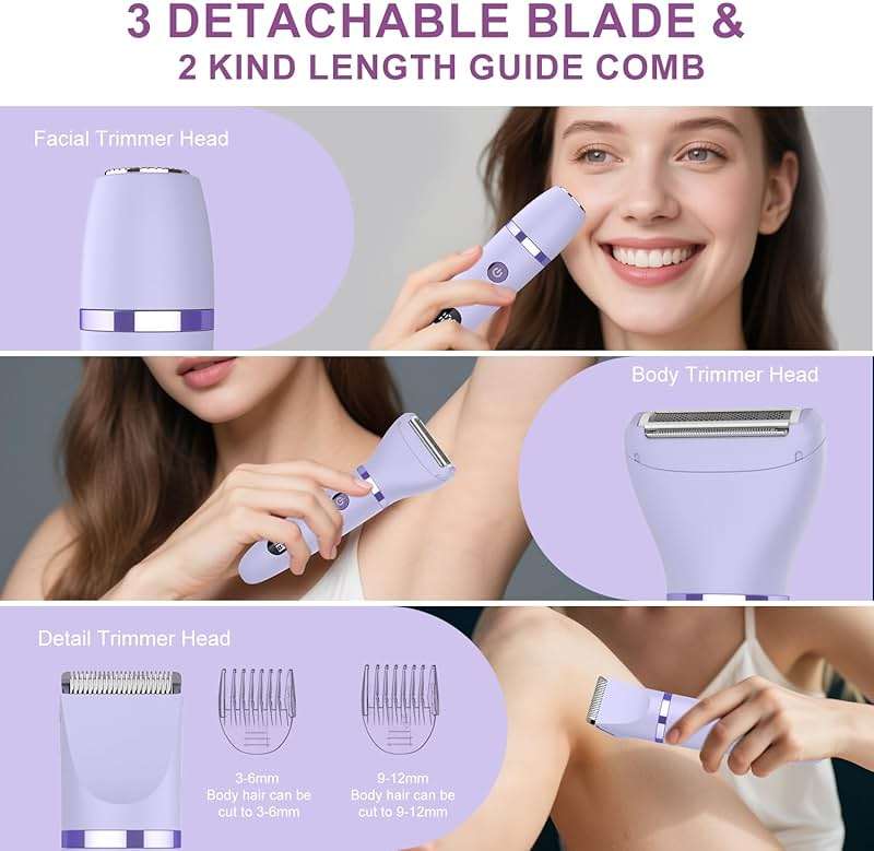 Zivelier 3-in-1 Electric Razor IPX7 Waterproof Bikini Trimmer Wet & Dry Use Painless Personal Trimmer Groomer for Ladies Face Body Legs Bikini Public Hairs Electric Lady Shaver with Replaceable Heads - Image 2