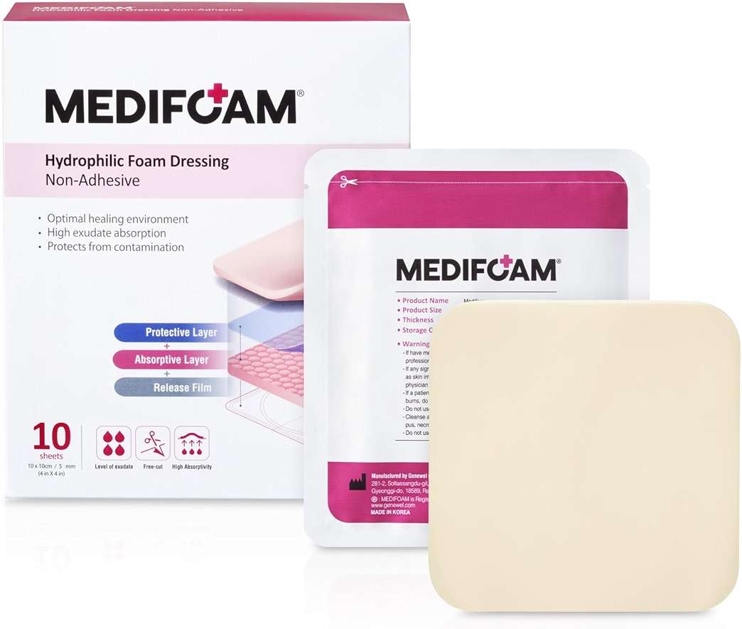 MEDIFOAM - Hydrophilic Foam Dressing, Non-Adhesive, Foam Dressing for High exudate Wounds, 4in x 4in (10sheets) - Image 1