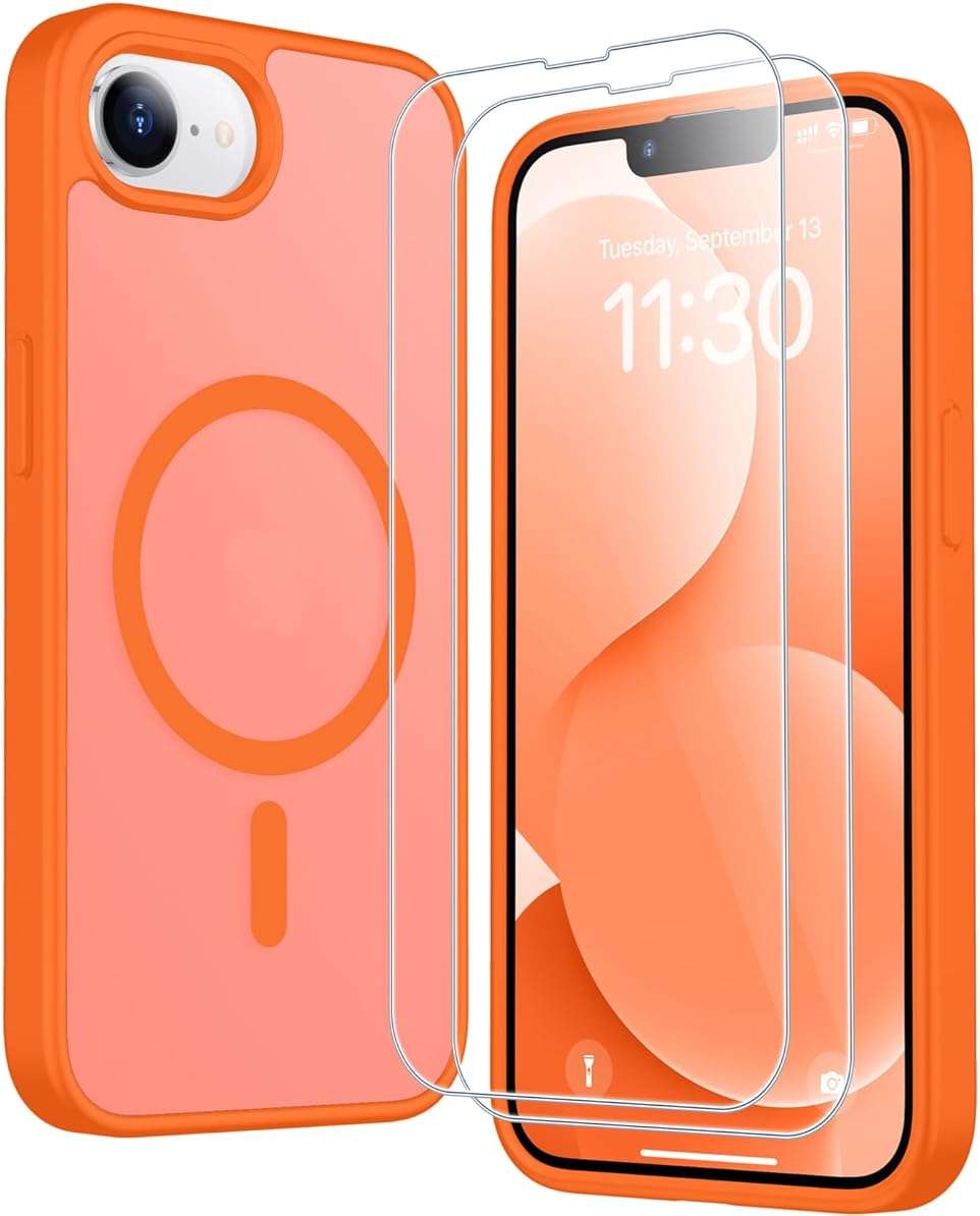 SPIDERCASE for iPhone 16e Case for iPhone 17e Case, Magnetic Translucent Matte Case with 2PCS Tempered Glass Screen Protector Slim Phone Case for iPhone 16E/17E 6.1'',Orange - Image 1