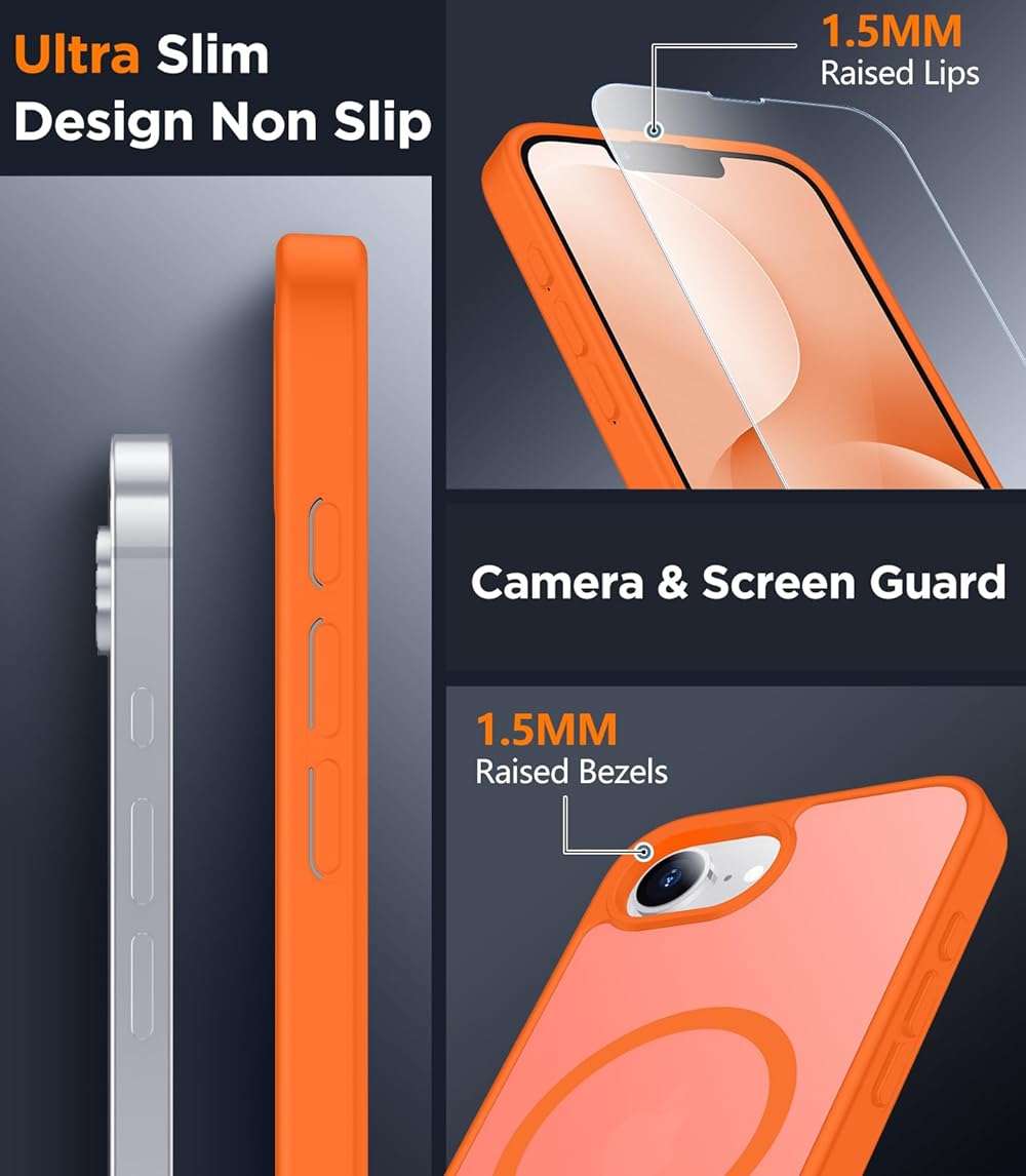 SPIDERCASE for iPhone 16e Case for iPhone 17e Case, Magnetic Translucent Matte Case with 2PCS Tempered Glass Screen Protector Slim Phone Case for iPhone 16E/17E 6.1'',Orange - Image 4