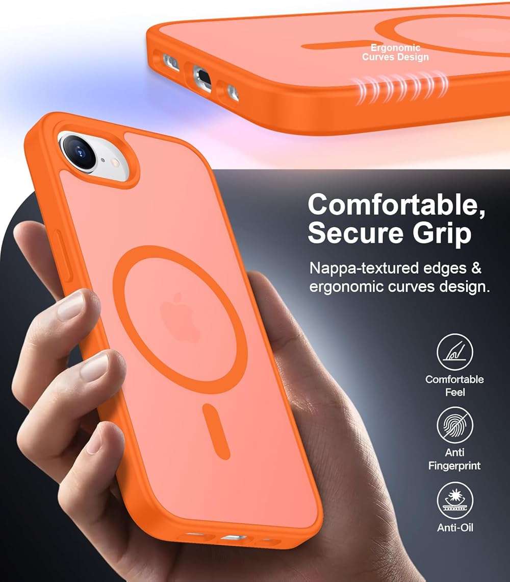 SPIDERCASE for iPhone 16e Case for iPhone 17e Case, Magnetic Translucent Matte Case with 2PCS Tempered Glass Screen Protector Slim Phone Case for iPhone 16E/17E 6.1'',Orange - Image 5