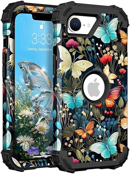 Hocase for iPhone 17e/iPhone 16e Case, Heavy Duty Shockproof Protection Hard Plastic+Silicone Rubber Hybrid Protective Phone Case for iPhone 17e/16e 6.1" - Butterflies in Garden - Image 1