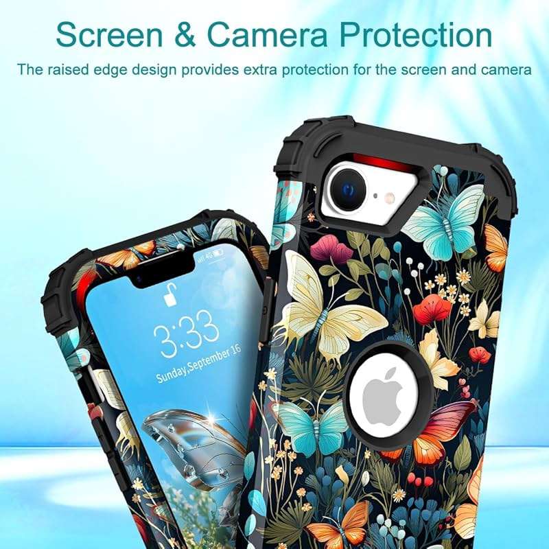 Hocase for iPhone 17e/iPhone 16e Case, Heavy Duty Shockproof Protection Hard Plastic+Silicone Rubber Hybrid Protective Phone Case for iPhone 17e/16e 6.1" - Butterflies in Garden - Image 4