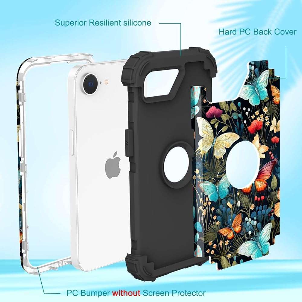 Hocase for iPhone 17e/iPhone 16e Case, Heavy Duty Shockproof Protection Hard Plastic+Silicone Rubber Hybrid Protective Phone Case for iPhone 17e/16e 6.1" - Butterflies in Garden - Image 5