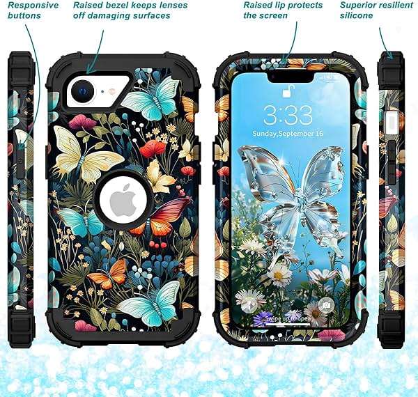 Hocase for iPhone 17e/iPhone 16e Case, Heavy Duty Shockproof Protection Hard Plastic+Silicone Rubber Hybrid Protective Phone Case for iPhone 17e/16e 6.1" - Butterflies in Garden - Image 6